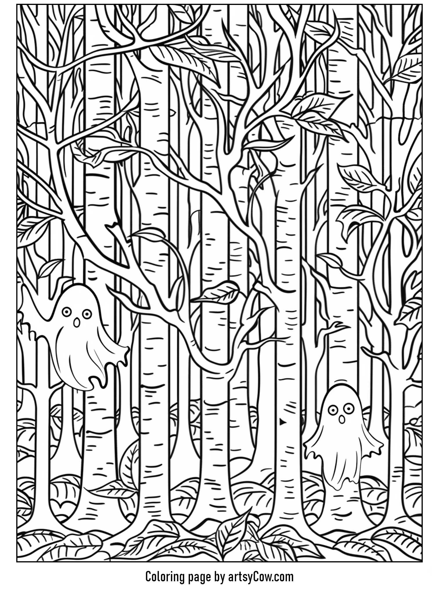halloween ghost mandala featuring two cute ghosts among densely packed trees with detailed bark and numerous leaves.